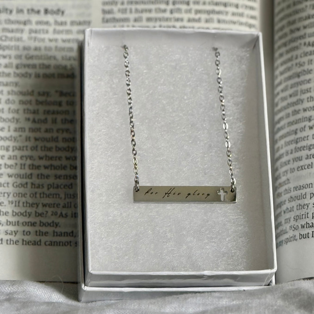 "For His Glory" Cutout Cross Bar Necklace